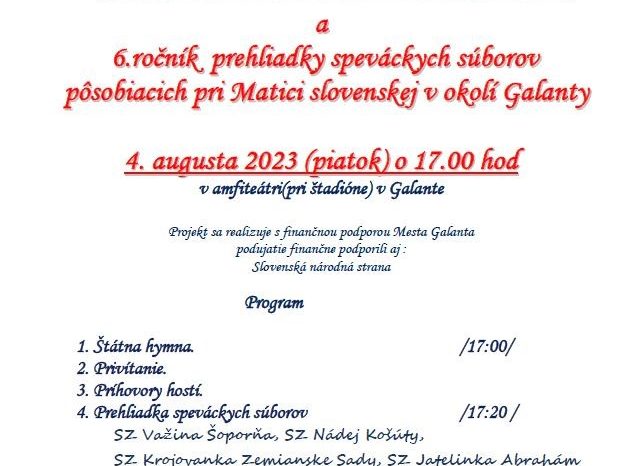 Galanta - Vatra zvrchovanosti a 6. ročník prehliadky speváckych súborov pôsobiacich pri Matici slovenskej v okolí Galanty